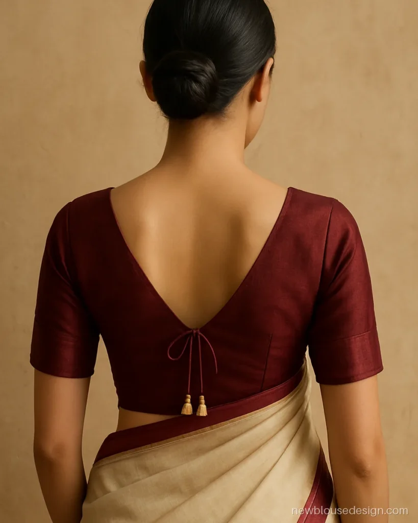 Simple maroon colour blouse back design in silk with a V neck and small tassels