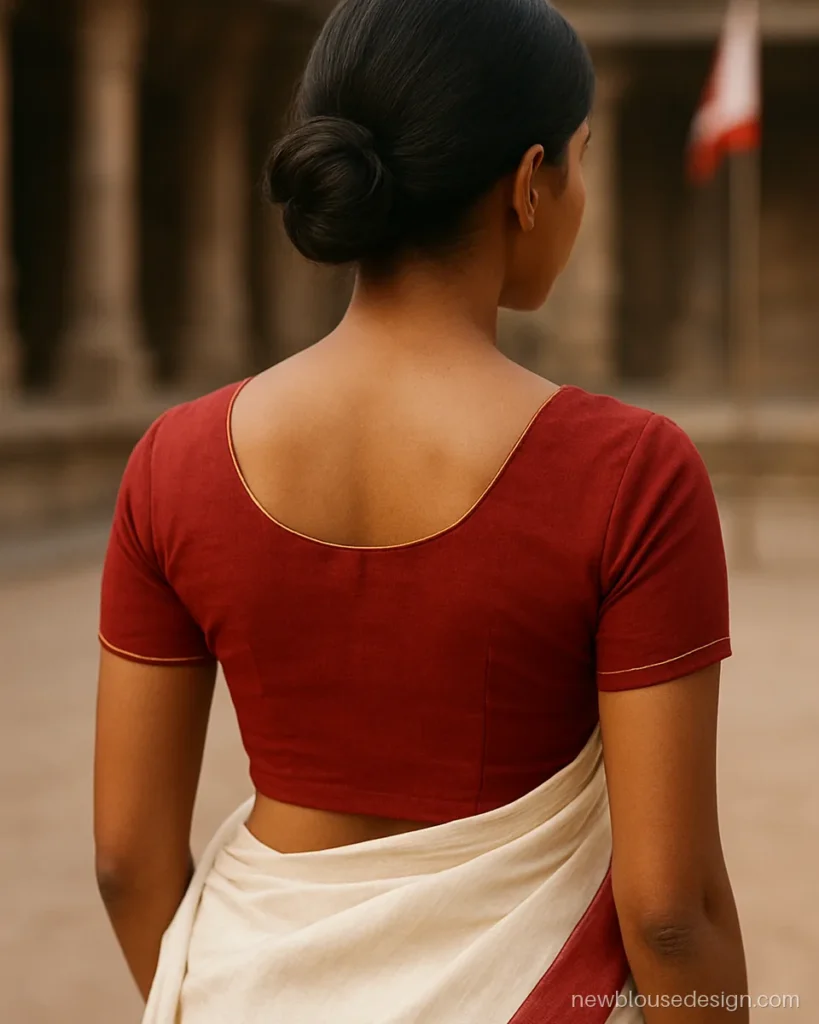 Simple red blouse back design in plain cotton with a round neck and gold piping