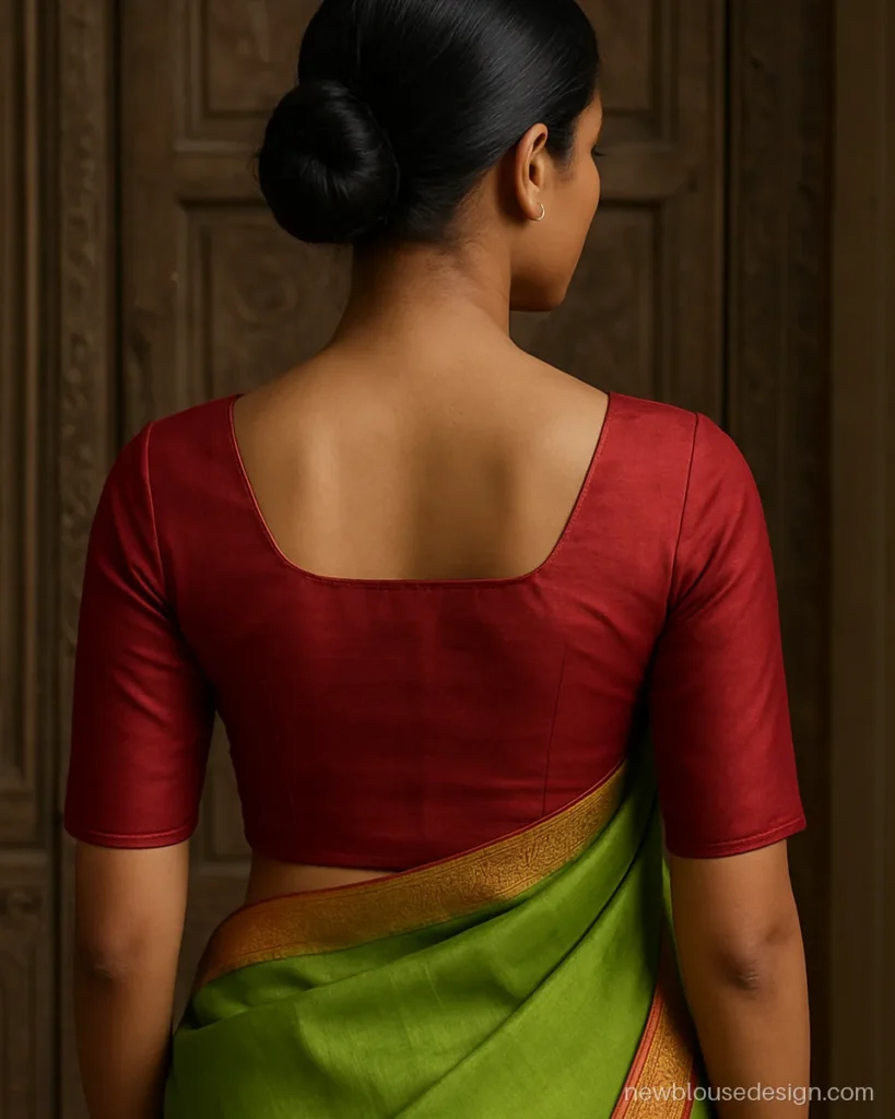 Plain red silk blouse with a simple square back, worn with a green saree