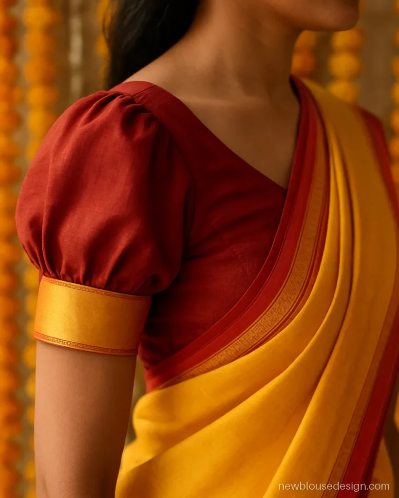 Red silk blouse sleeve with a short puff closed in a yellow band, for a yellow saree