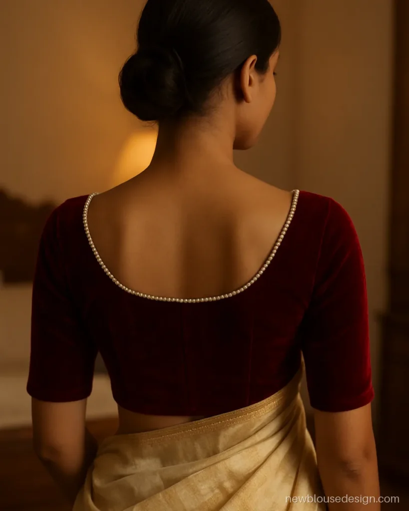 Red velvet blouse back with a boat neck edged in small pearls