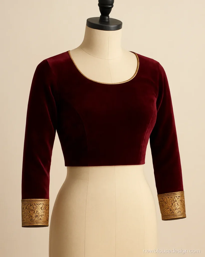 Wine red velvet blouse front with full sleeves and gold zari cuffs