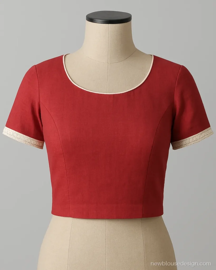 Red white blouse design in red cotton with white piping and white lace on sleeves
