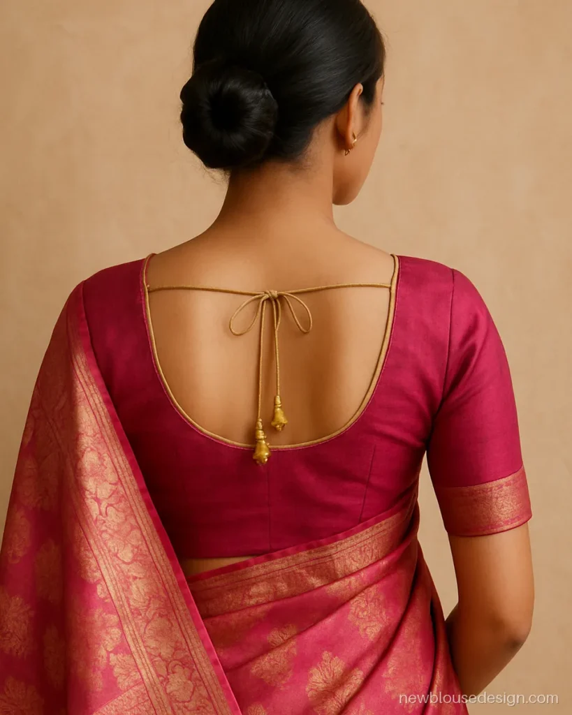 Round neck blouse back design in rani pink silk with a deep round cut and gold dori