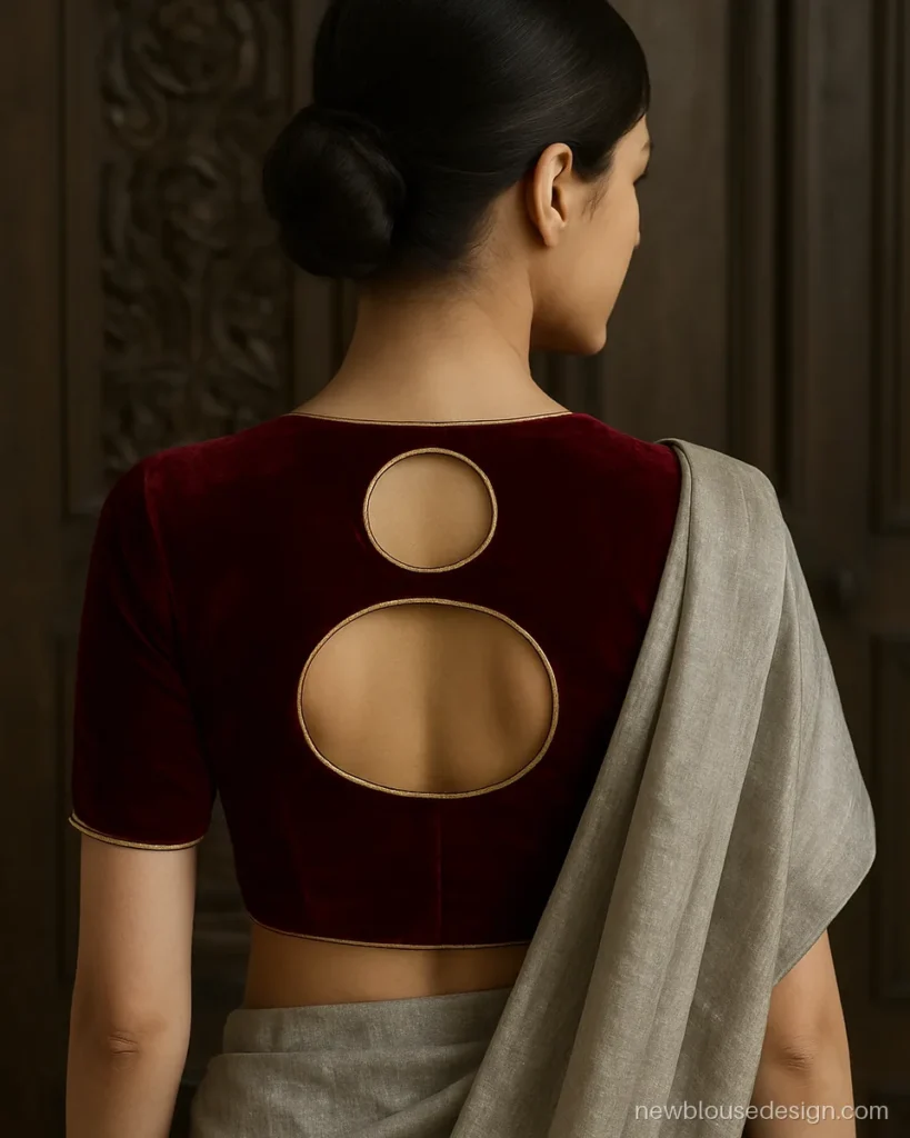 Round back blouse design with a double circle cutout in wine velvet and gold piping