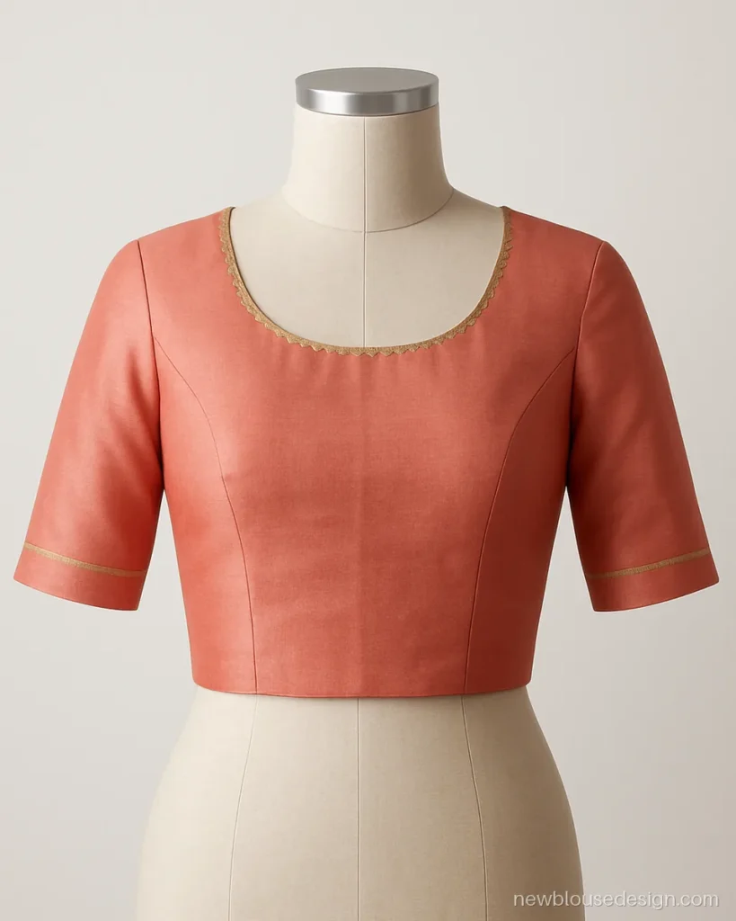 Round neck blouse design in coral silk with gold zari scallops along the front gala