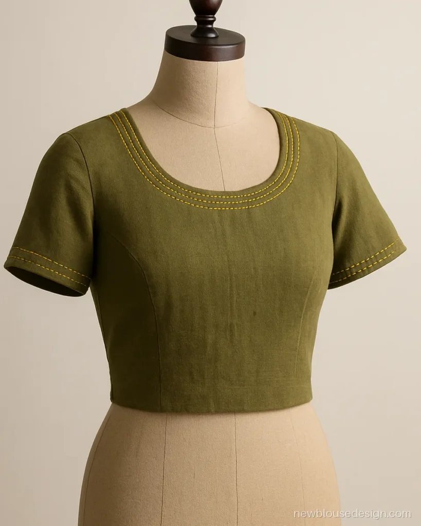 Blouse round neck design in olive cotton with kantha running stitch around the gala
