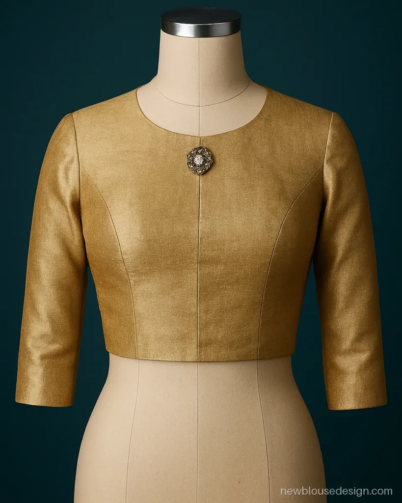 High round neck blouse design in gold tissue with a small brooch at the centre front