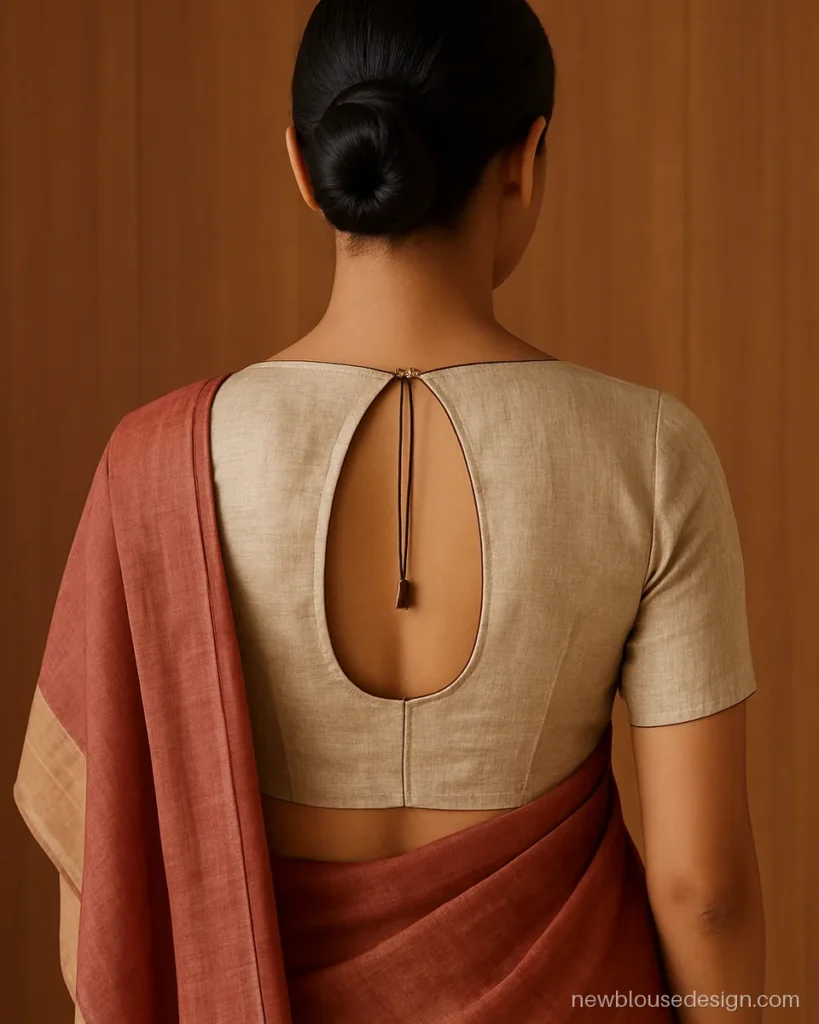 Oval shape blouse design at the back in beige tussar silk with a single tassel tie