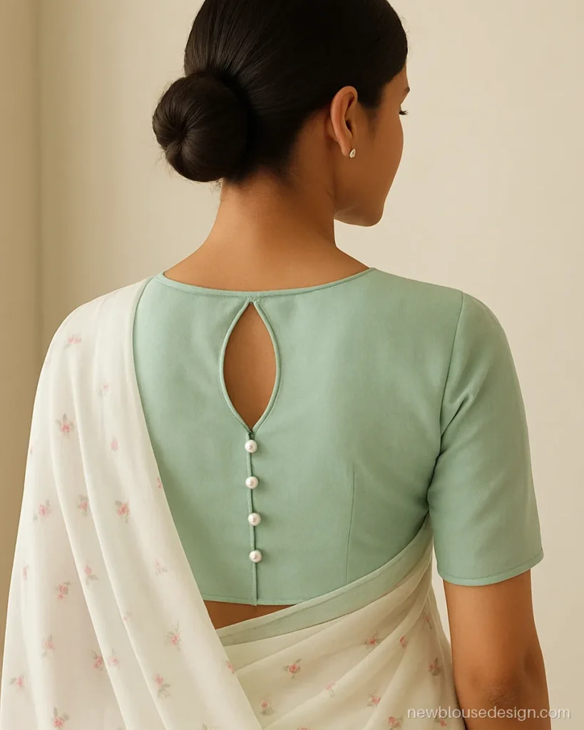 Pan shape blouse design in mint georgette with a small leaf back and pearl buttons
