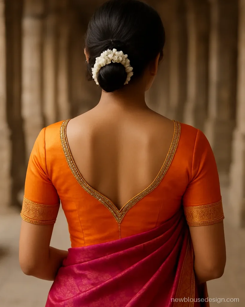 Back side pan gala blouse design in orange pattu silk with maggam beadwork on the edge