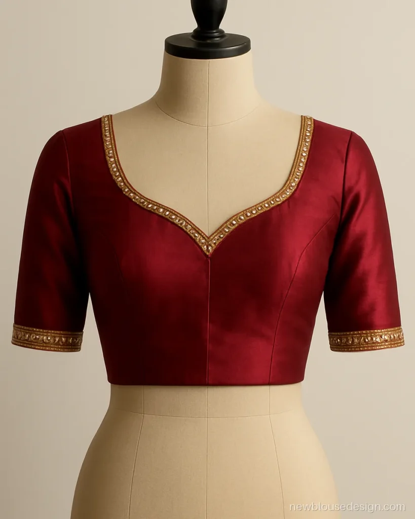 Pan gala blouse design front in ruby red silk with kundan stones along the leaf edge