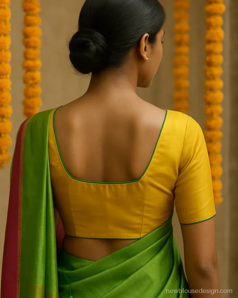 Square neck blouse back design in haldi yellow silk with a deep square cut and tassels