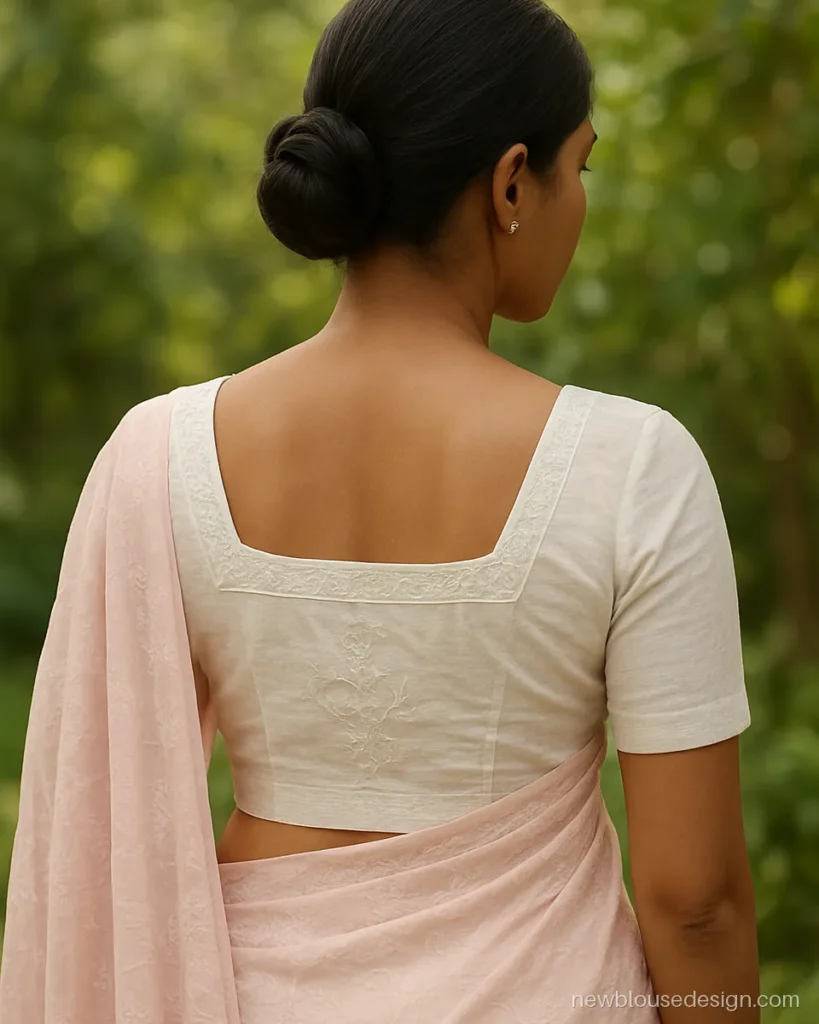 Square shape blouse design at the back in white cotton with a chikankari border