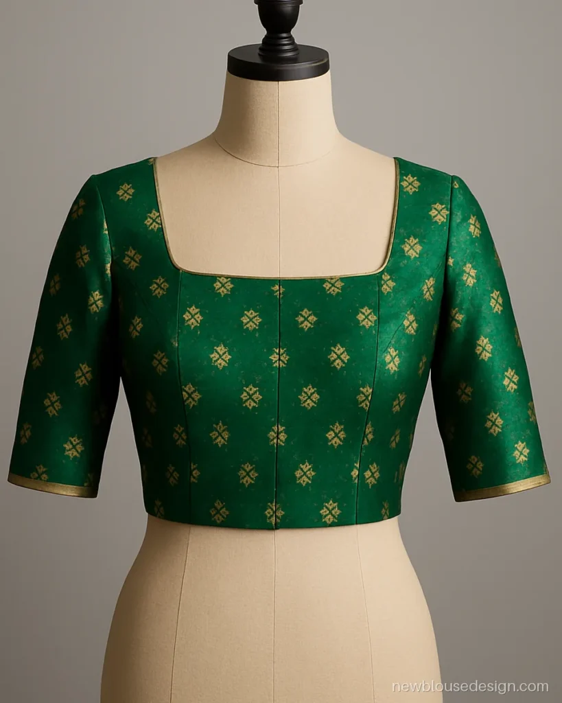 Square blouse design front in emerald brocade with a wide gala and elbow sleeves