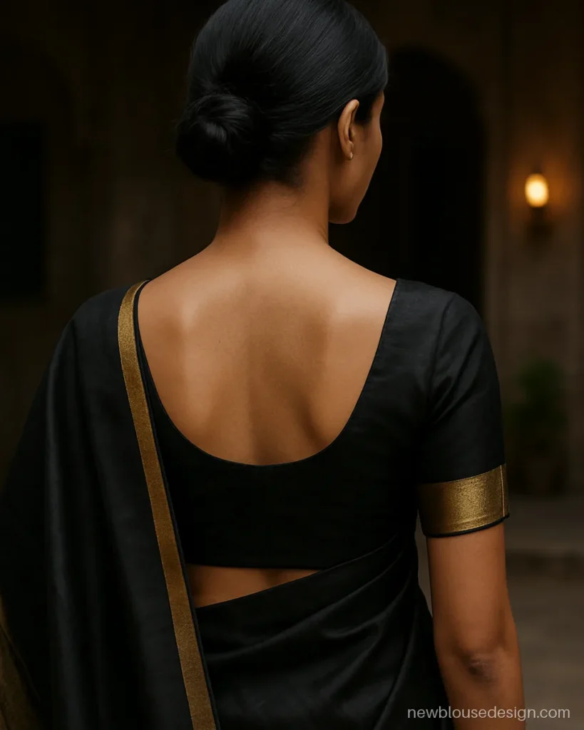 Deep U shape blouse design in black silk with a gold zari border on the back