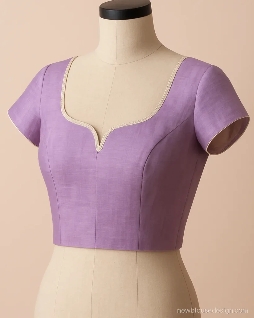 U shape blouse design front in lilac chanderi with a narrow lace edge and cap sleeves
