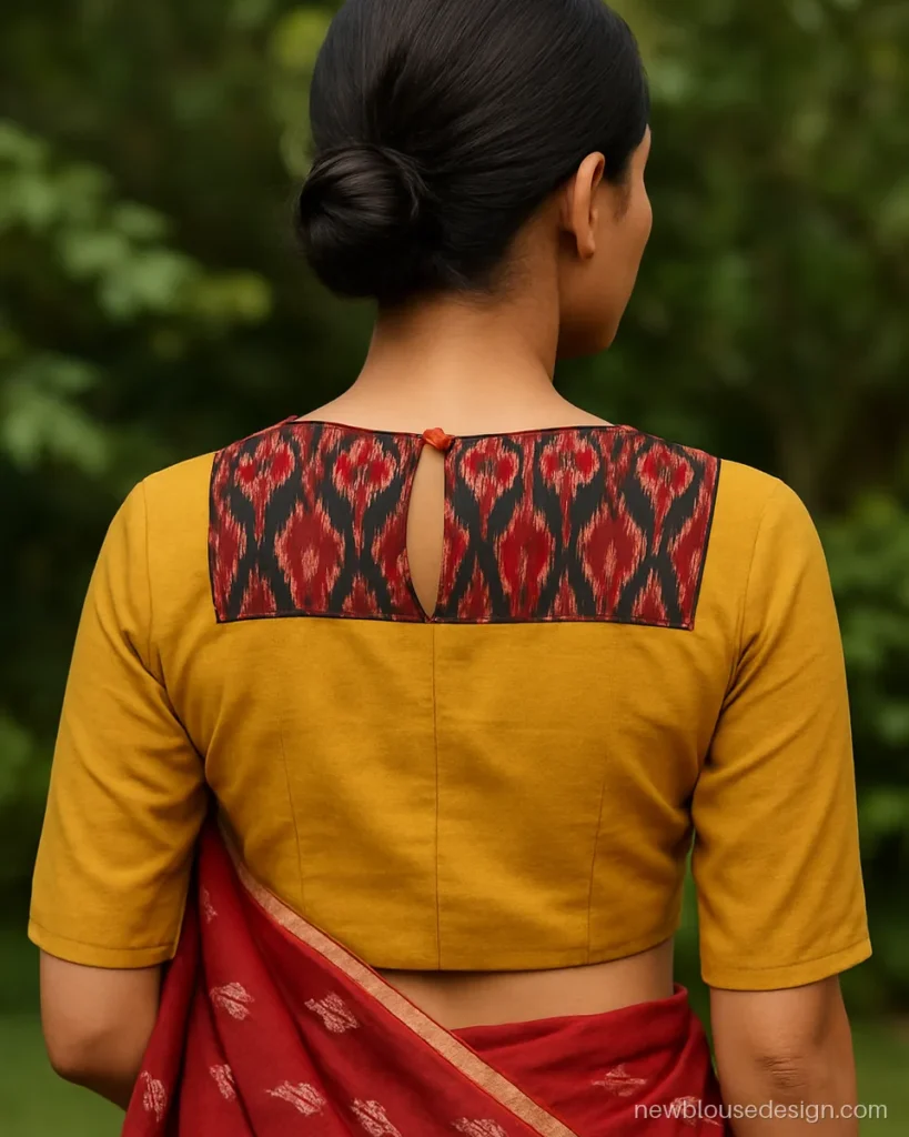 Mustard blouse with Sambalpuri ikat yoke on the back and a small keyhole