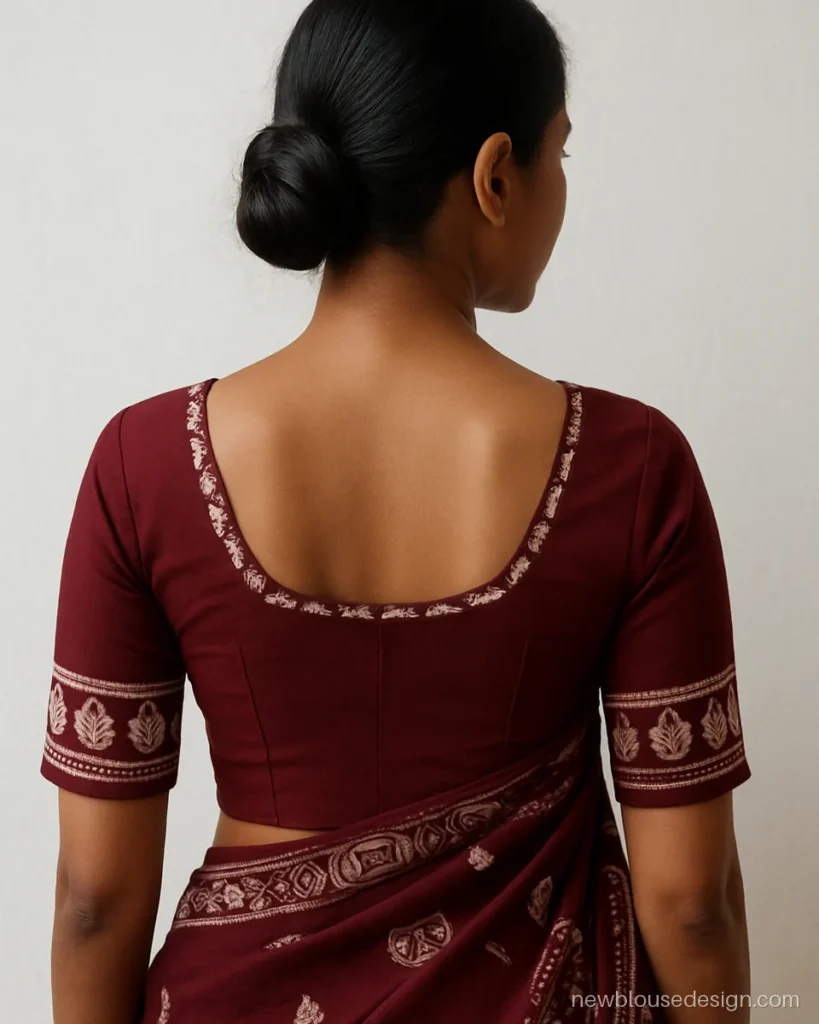 Sambalpuri blouse back design in maroon cotton with a white shankha ikat panel around the neck