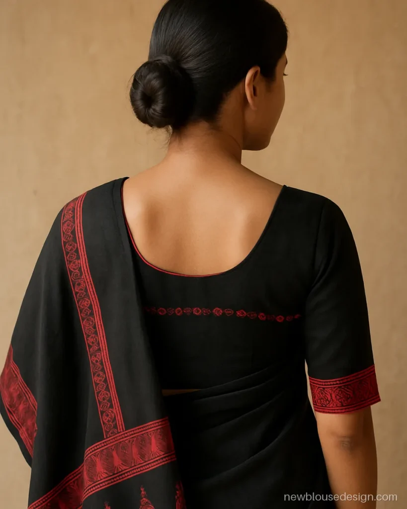 Black Bomkai cotton blouse with red woven fish motif border on the back