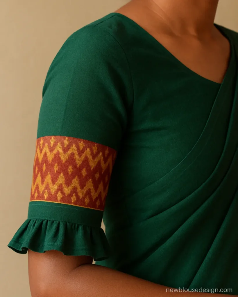 Green cotton blouse sleeve with a Sambalpuri ikat band and a small frill