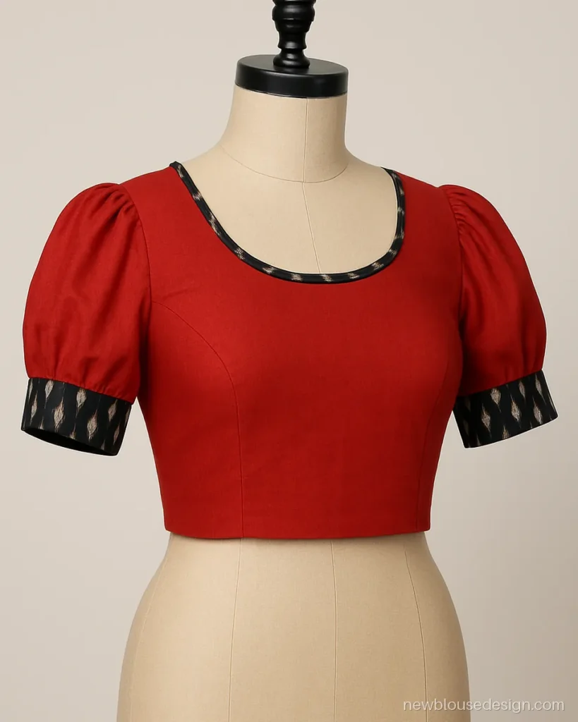 Red Sambalpuri blouse with short puff sleeves and black ikat cuffs