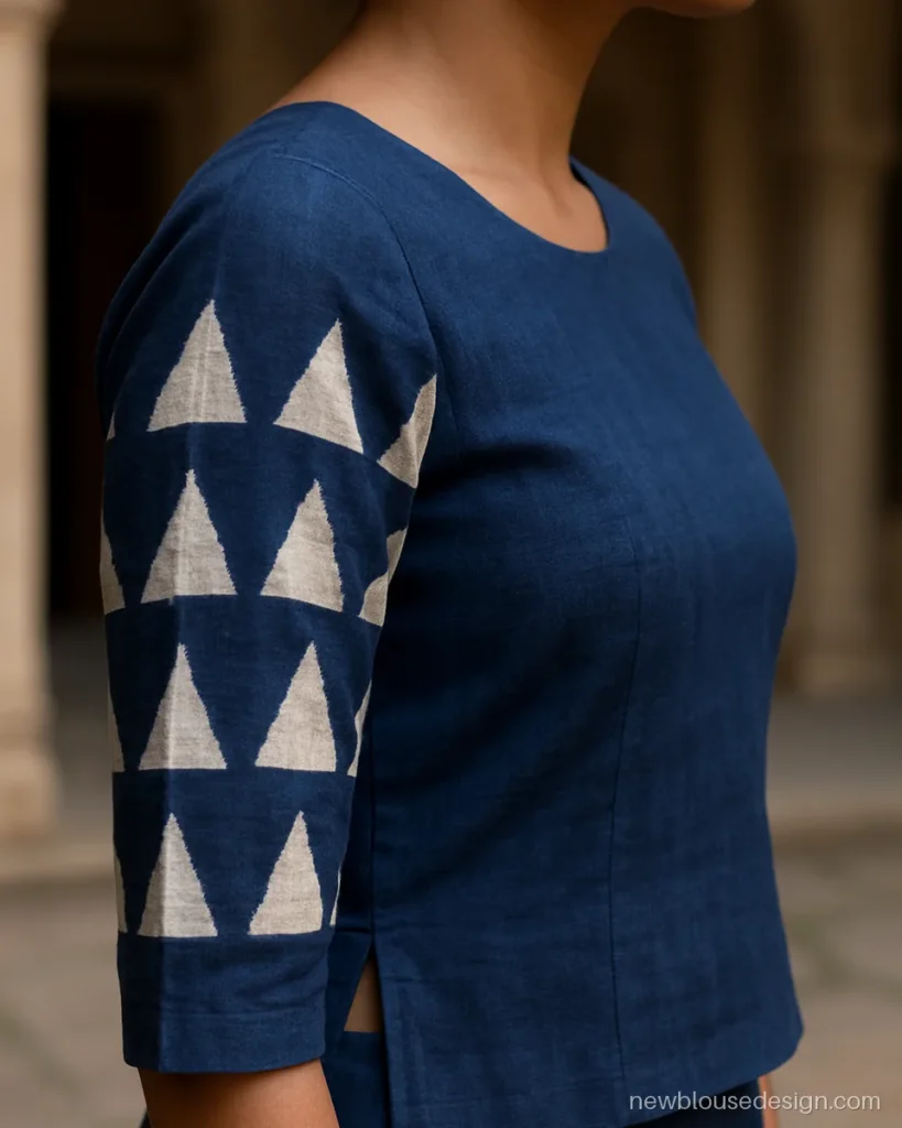 Indigo blouse with three quarter sleeves of ikat triangle panels and a tassel
