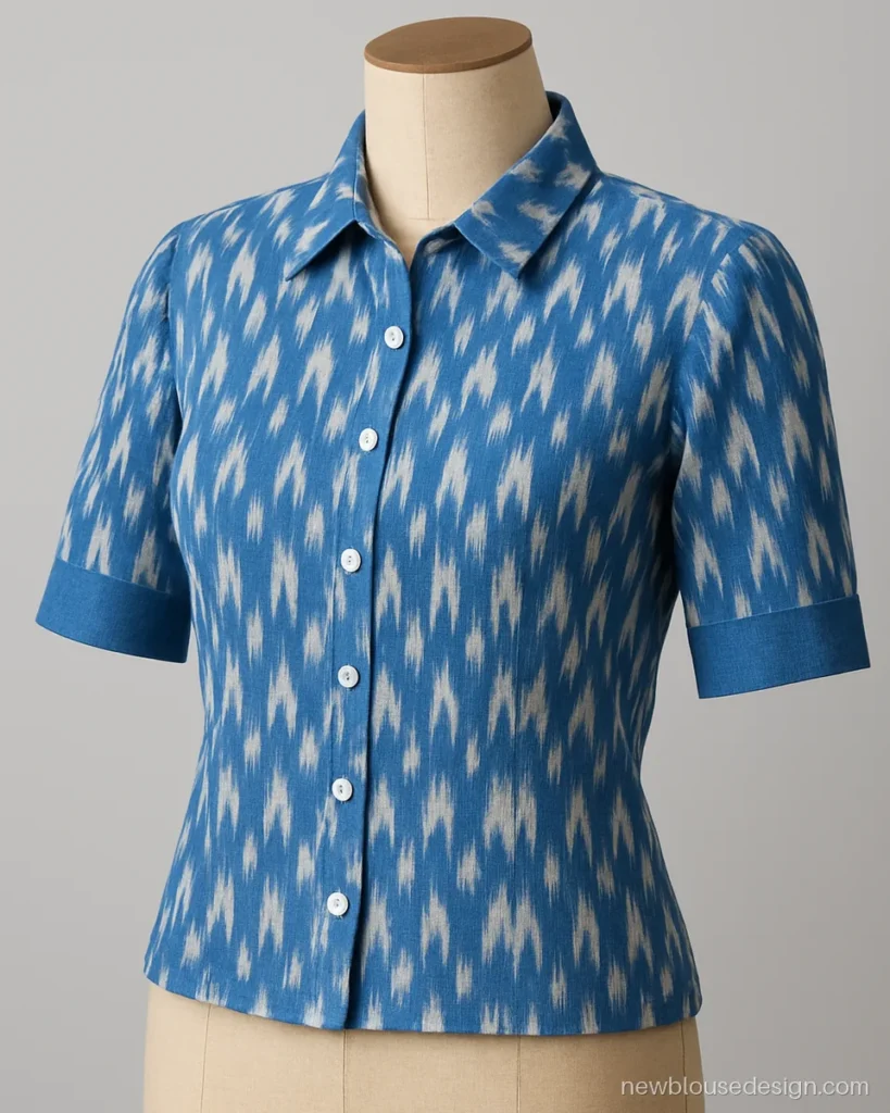 Cotton ikkat blouse design in blue and white with a small shirt collar