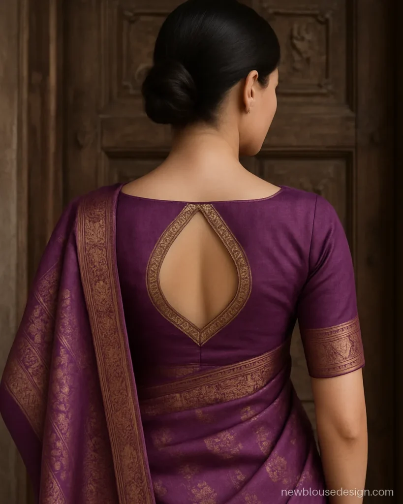 Pata saree blouse design back in purple Berhampuri silk with paan neck and zari border