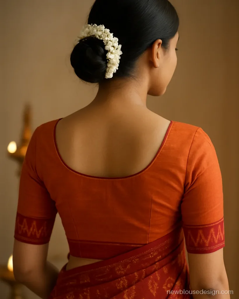 Orange Khandua pata blouse with boat back and red ikat border