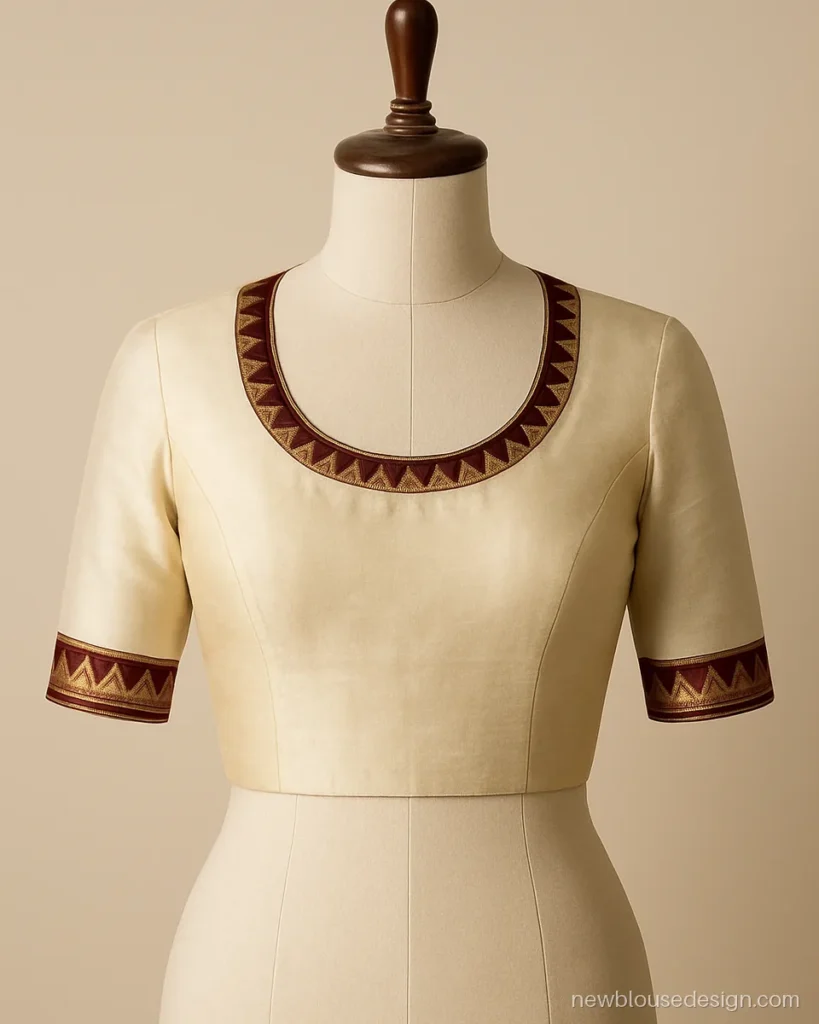 Cream pata silk blouse front with maroon temple border on the neckline