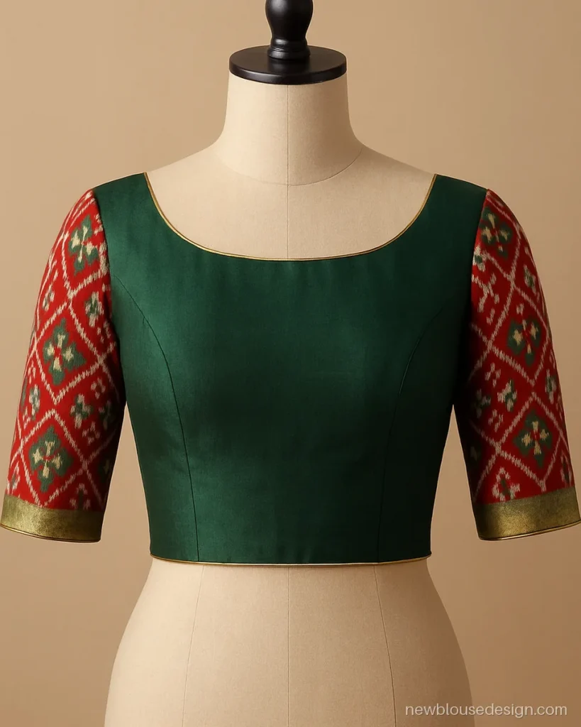 Boat neck patola blouse design with plain green silk body and patola sleeves