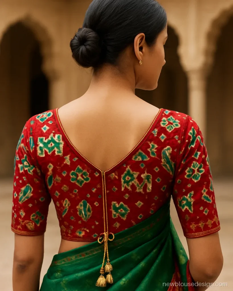 Patola blouse back design in red double ikat silk with V neck and gold latkans