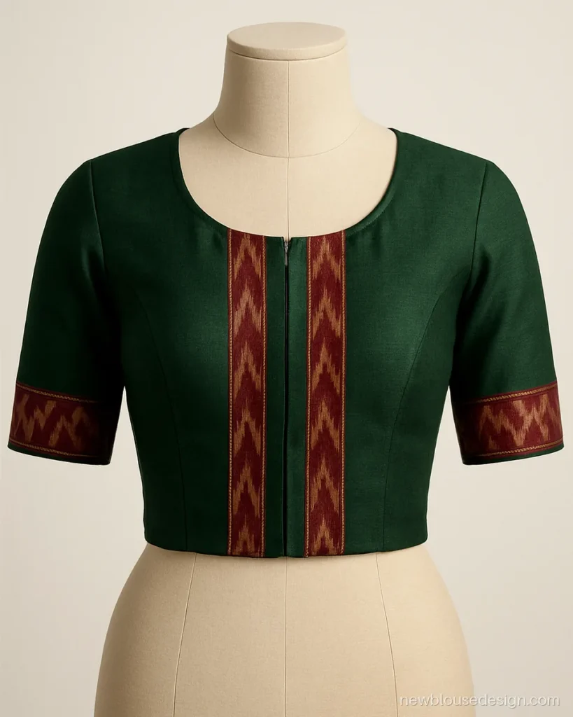 Dark green pata silk blouse front with ikat panels on both sides of the hooks