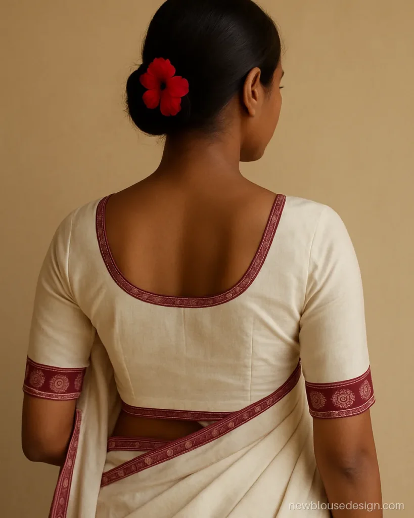Traditional sambalpuri blouse design in white with maroon chakra border at the back