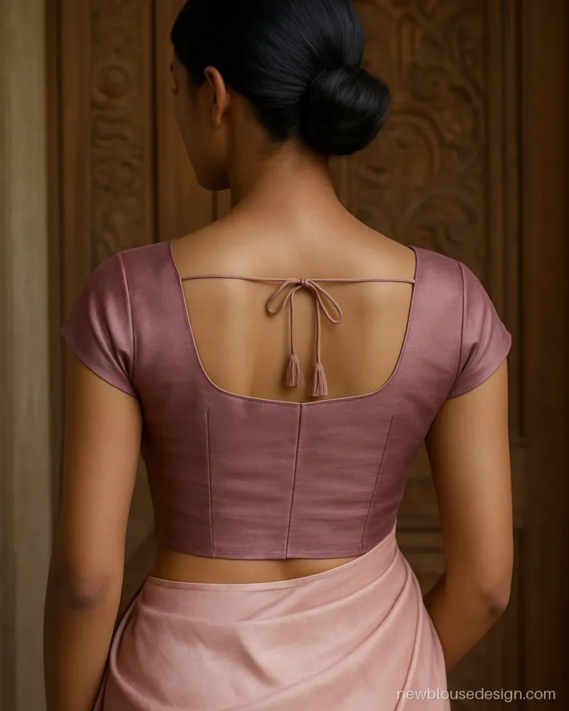 Mauve silk cap sleeves blouse back design with square neck and tassels