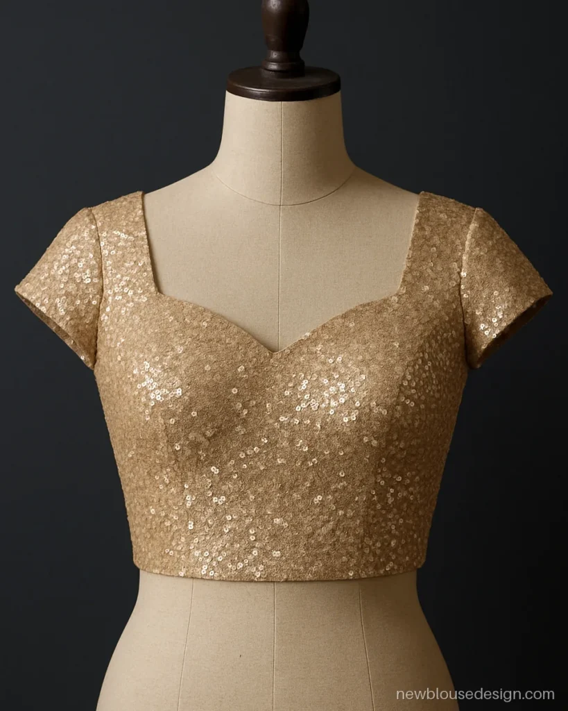 Champagne sequin cap sleeves blouse design on a dress form for party saree