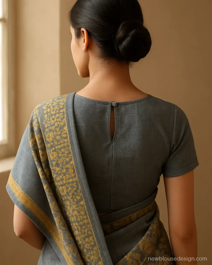 Grey chambray blouse back with keyhole and short sleeves for daily wear