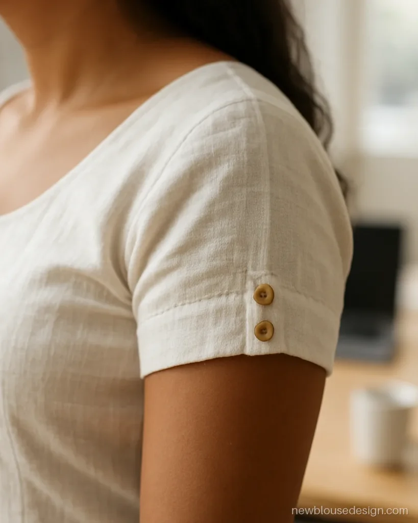 White khadi blouse short sleeves design with three wooden buttons on the outer edge