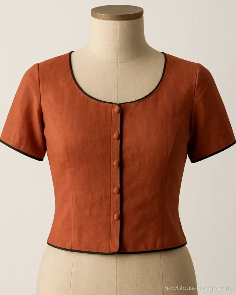 Rust cotton short sleeve blouse design with contrast black piping on dress form