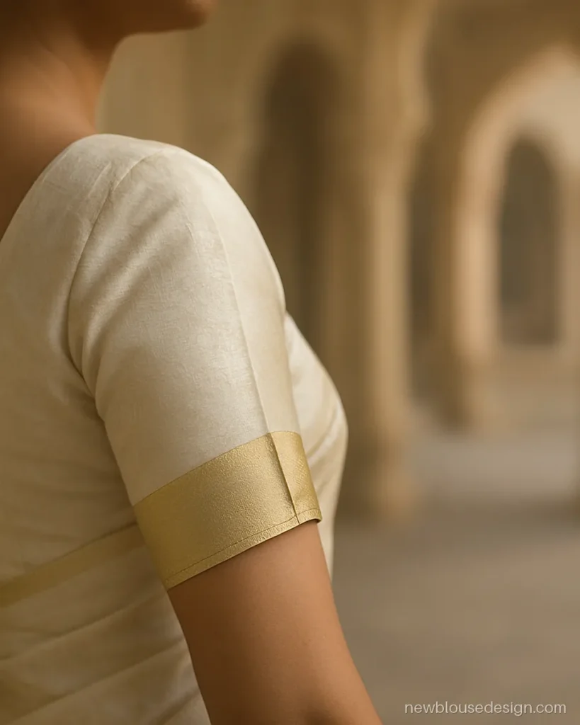 Blouse design half sleeve with slanted Banarasi border on ivory silk