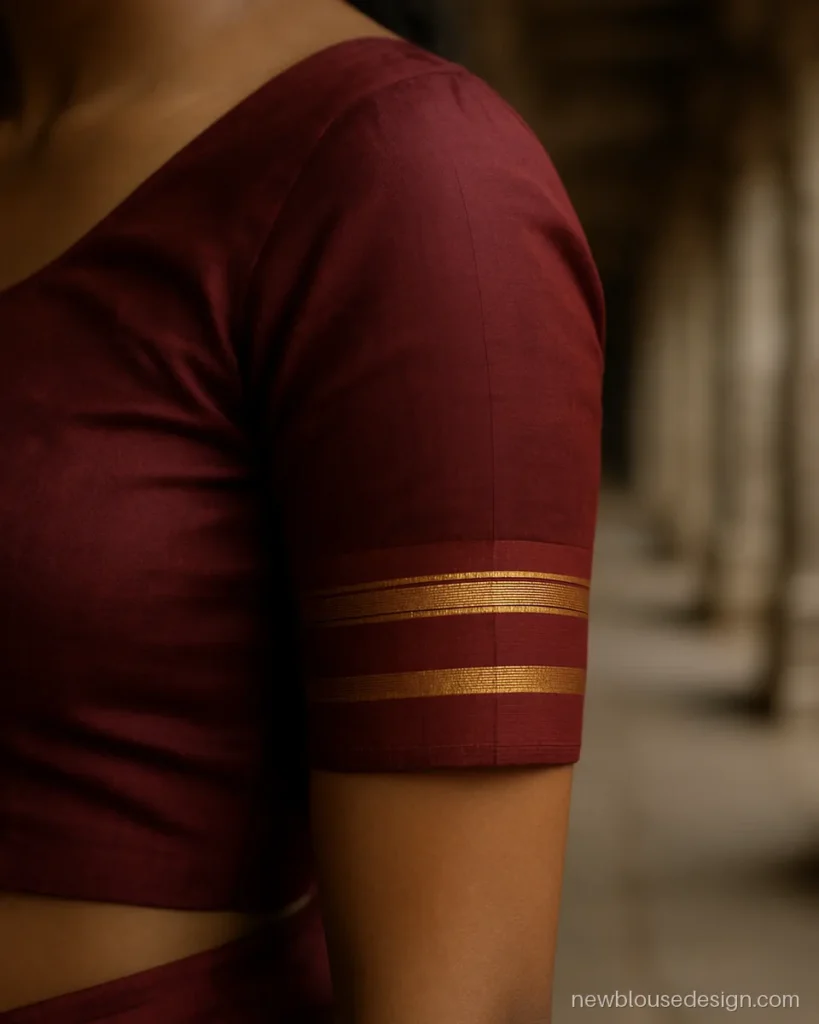 Half sleeves design for blouse with double Kanjivaram border on maroon silk