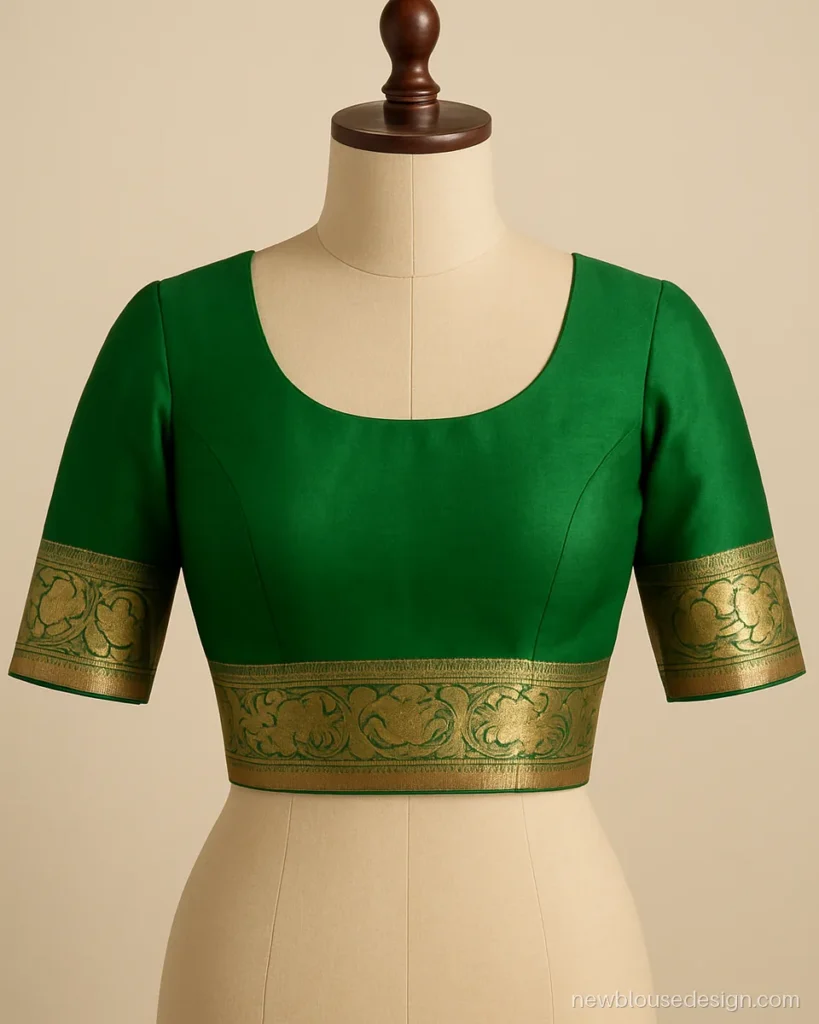 Green Paithani half sleeve blouse design with peacock border and front view