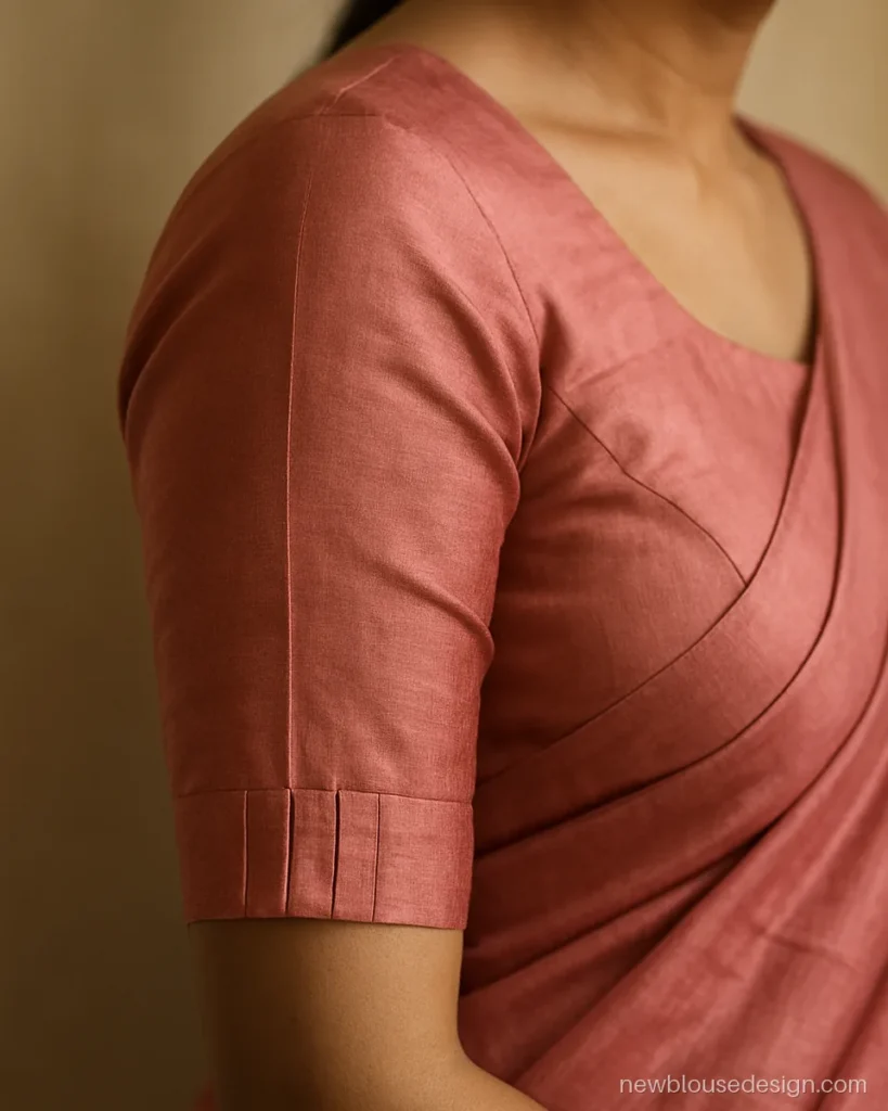 Half sleeves blouse design in rose silk with small pleats at the hem