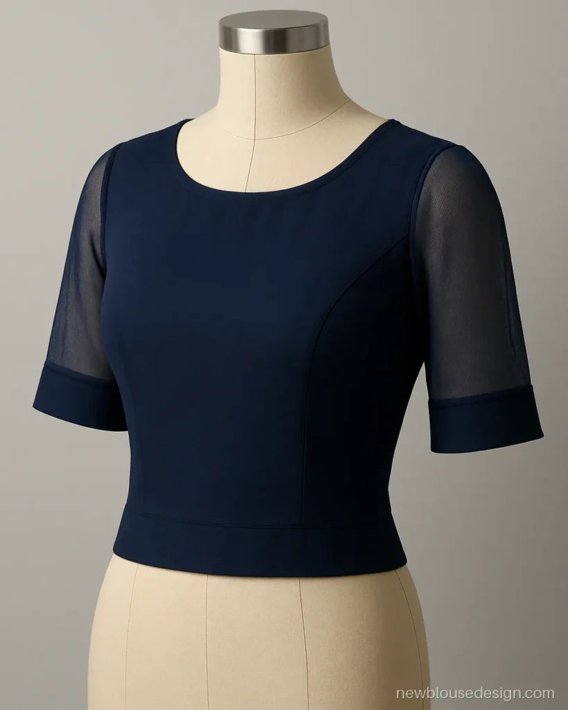 Navy half sleeve blouse design with sheer net panel and solid band on dress form