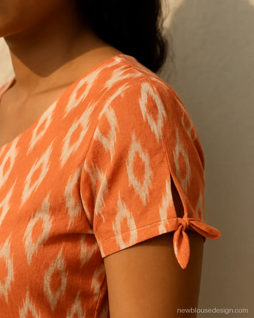 New blouse short sleeves design in orange ikat with a knot tie at the shoulder