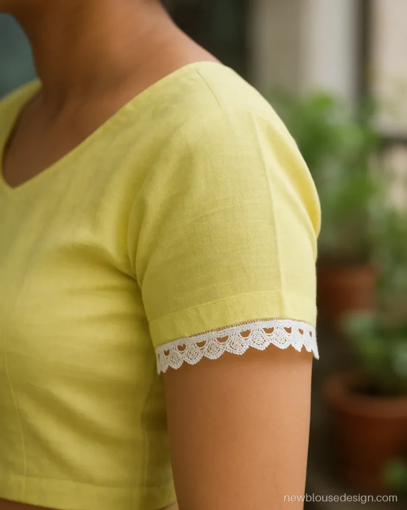 Lemon yellow short sleeves blouse design with scalloped cutwork edge