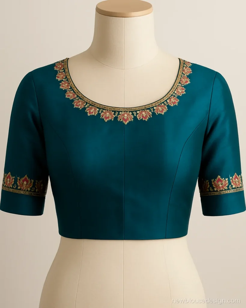 Silk saree blouse neck design front view with aari lotus border along a round neck