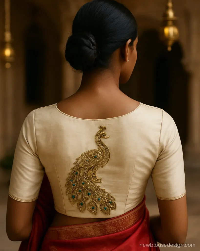 Silk blouse back design with aari work peacock motif in gold zari and green beads
