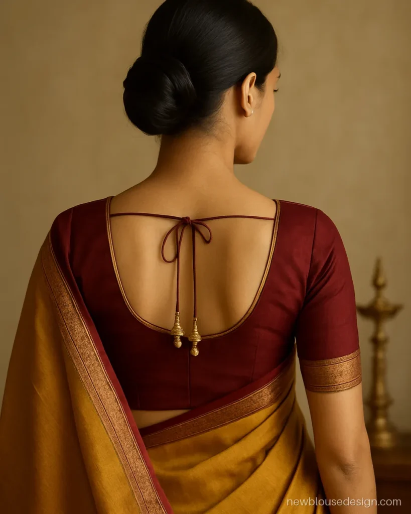 Silk blouse back design with deep U neck, gold zari piping and maroon dori with latkans